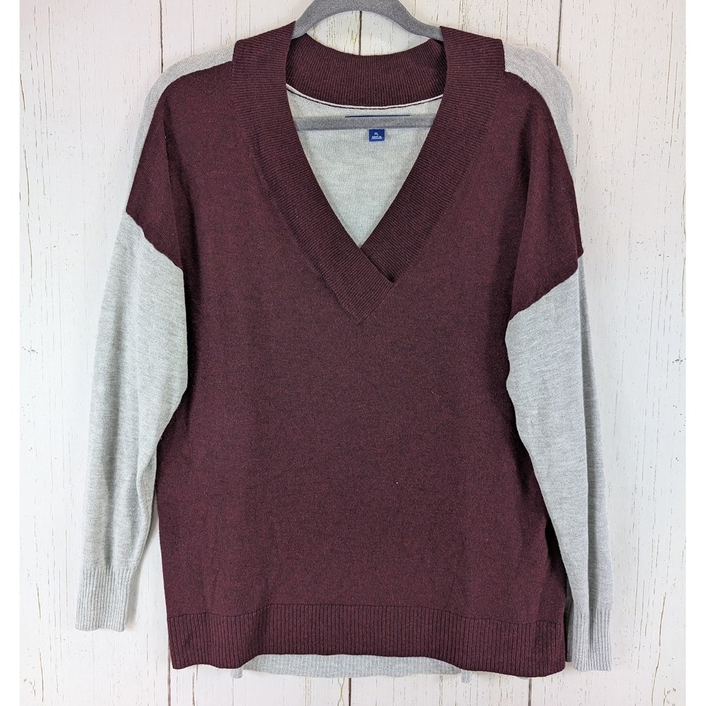 APT 9 Petite Large‎ Womens Grey Burgundy Long Sleeve V Neck Knit Top